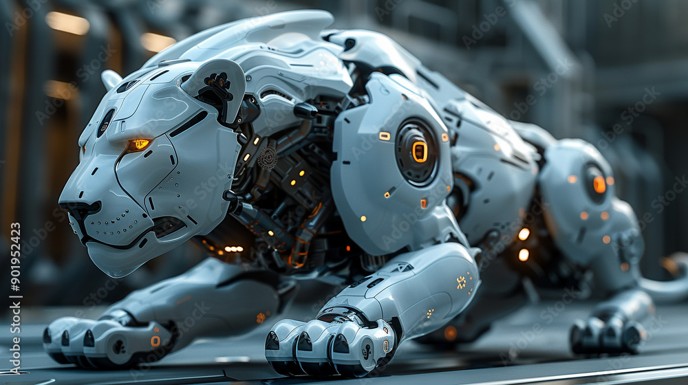 Fototapeta premium A robot lion with glowing eyes and a metallic body