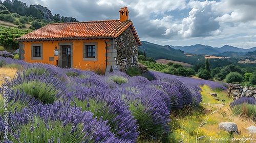 Hillside with Lavender Lavandula stoechas in Spain photo