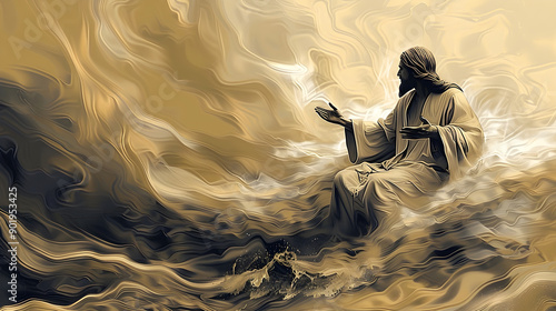 Dramatic celestial image of Jesus calming stormy seas, exhibiting divine power, powerful emotions of hope and faith, ideal for religious artwork, spiritual marketing, church contexts, sermons,... photo