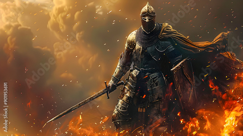 armored knight in battle stance with sword and shield, surrounded by fiery battlefield and dramatic clouds, medieval warrior, intense confrontation, heroic figure, dramatic lighting,...