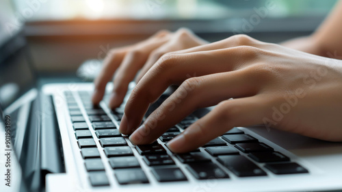 Person hands typing on keyboard laptop working digital. AI generated