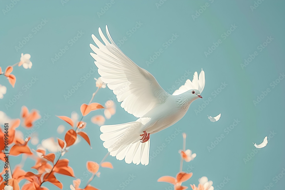 Obraz premium elegant white bird, soaring gracefully, sky background, tranquility, freedom, symbolizes peace, nature's beauty, emotional upliftment, marketing, wellness themes, copy space available,...