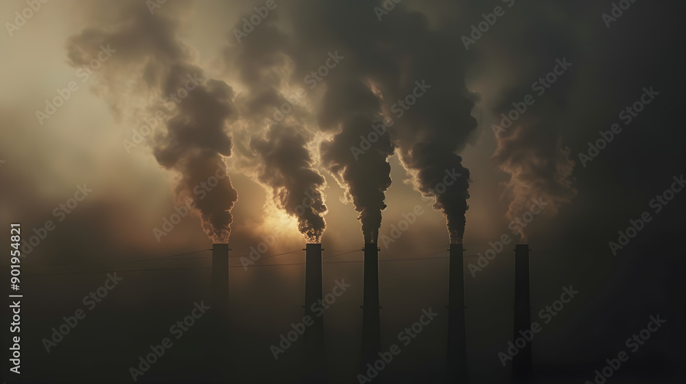 Obraz premium industrial smoke stacks, air pollution, climate change, environmental concerns, dark sky, factory emissions, ecological impact, sustainability issues, capitalism critique, atmospheric degradation,...