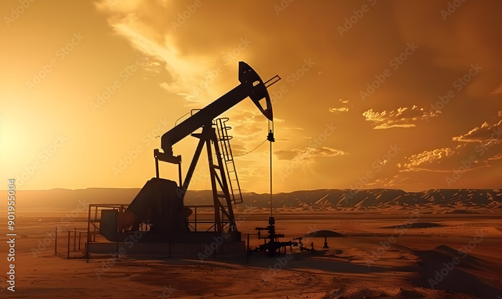 oil rig extracting crude oil in desert landscape, golden hour lighting, environmental impact, energy sector, commercial viability, versatility for marketing, production, and industry applications,... oil rig extracting crude oil in desert landscape, golden hour lighting, environmental impact, energy sector, commercial viability, versatility for marketing, production, and industry applications,...
