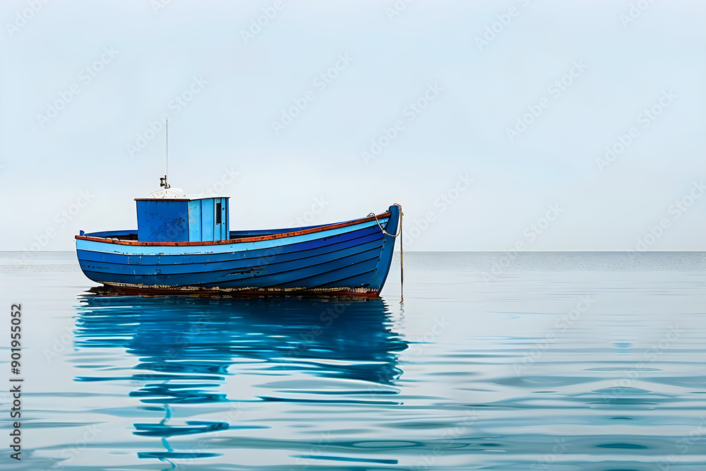 Naklejka premium A solitary blue fishing boat rests on serene waters, embodying tranquility, durability, and maritime life. Ideal for coastal themes, fostering harmony, exploration. Copy space available.