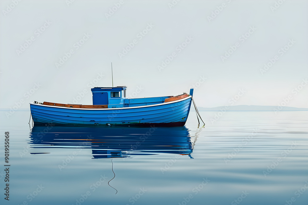serene fishing boat on calm water, maritime tranquility, coastal lifestyle, nautical themes, peaceful reflection, copy space for text, versatile applications in marketing, travel, and tourism,... serene fishing boat on calm water, maritime tranquility, coastal lifestyle, nautical themes, peaceful reflection, copy space for text, versatile applications in marketing, travel, and tourism,...