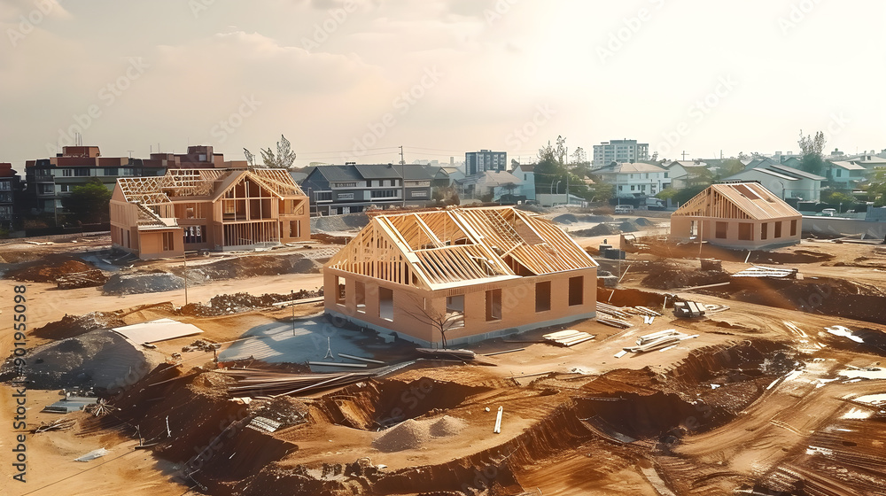 Fototapeta premium Construction site, new housing development, modern architecture, builder's perspective, residential investment opportunity, appealing location, value, future living spaces, ideal for homebuyers,...