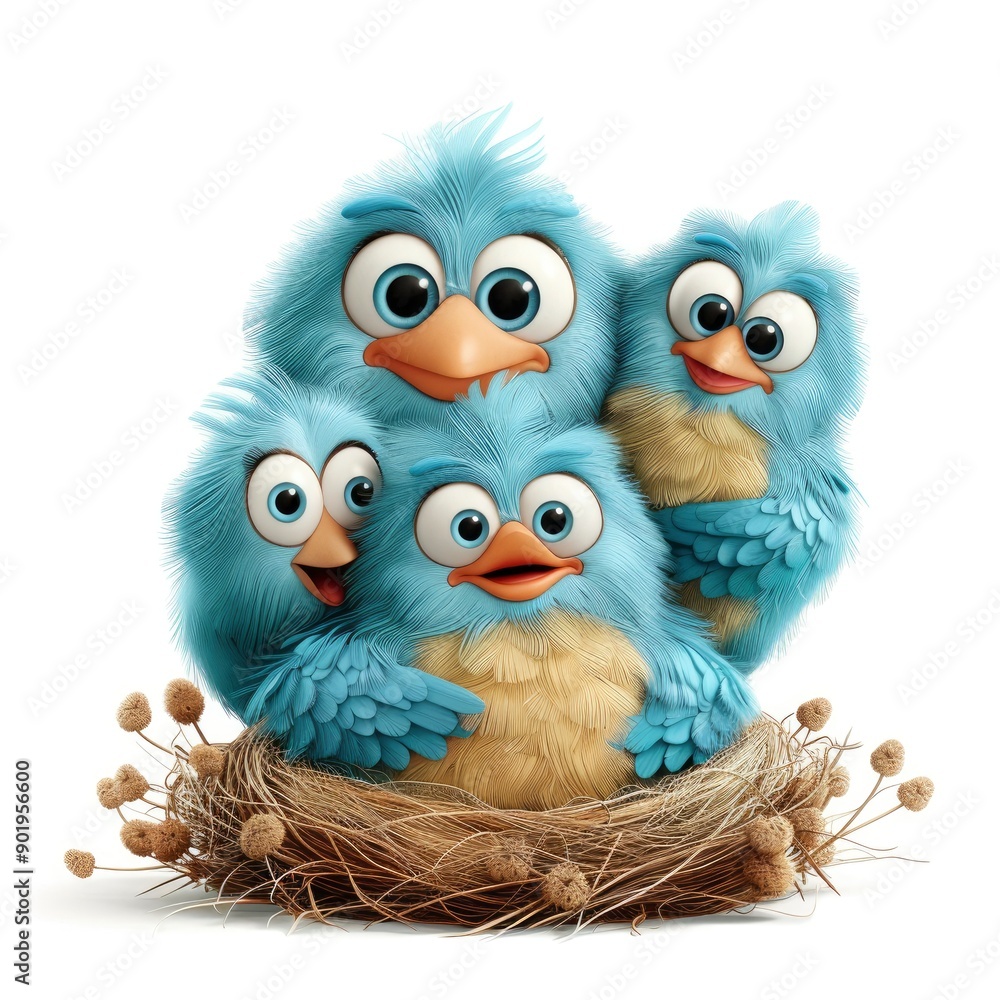 Fototapeta premium Blue Bird Family, White Background, 3D Illustration