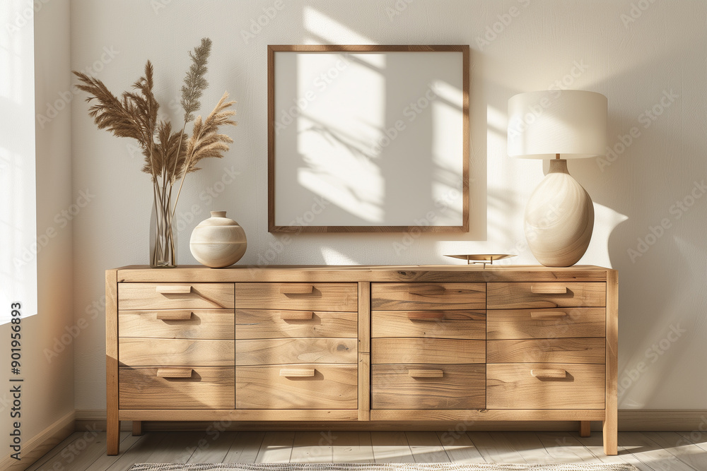 Mockup empty wooden frame in beige living room interior Mockup empty wooden frame in beige living room interior