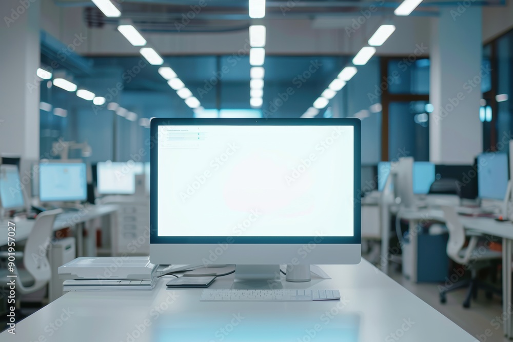 Naklejka premium Modern open space office with a computer showing a blank screen and nobody working