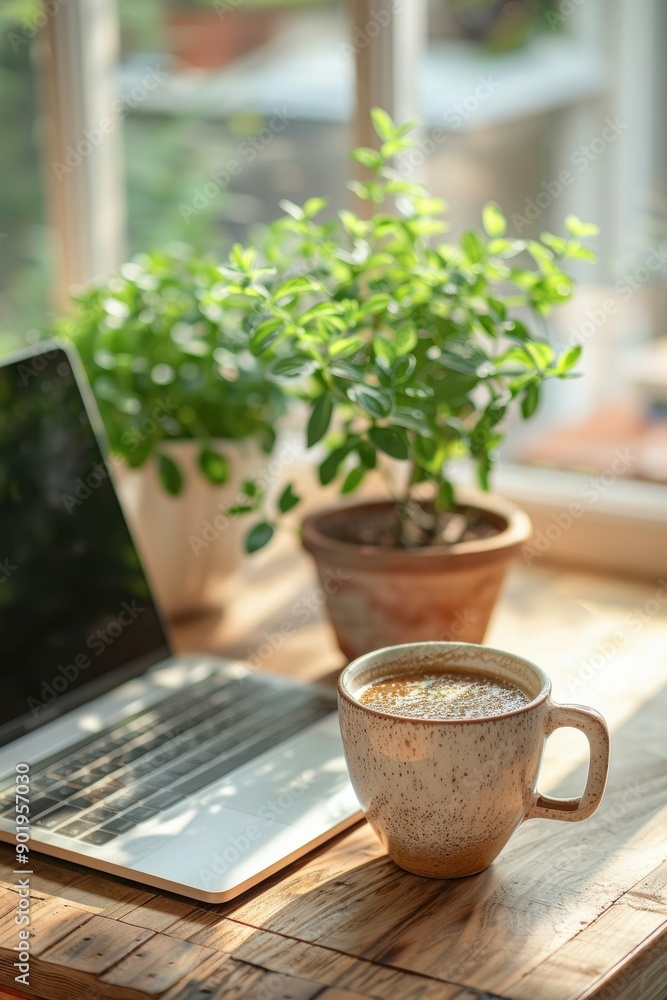 Freelancer enjoying a cup of coffee and working on laptop with plants on window Freelancer enjoying a cup of coffee and working on laptop with plants on window