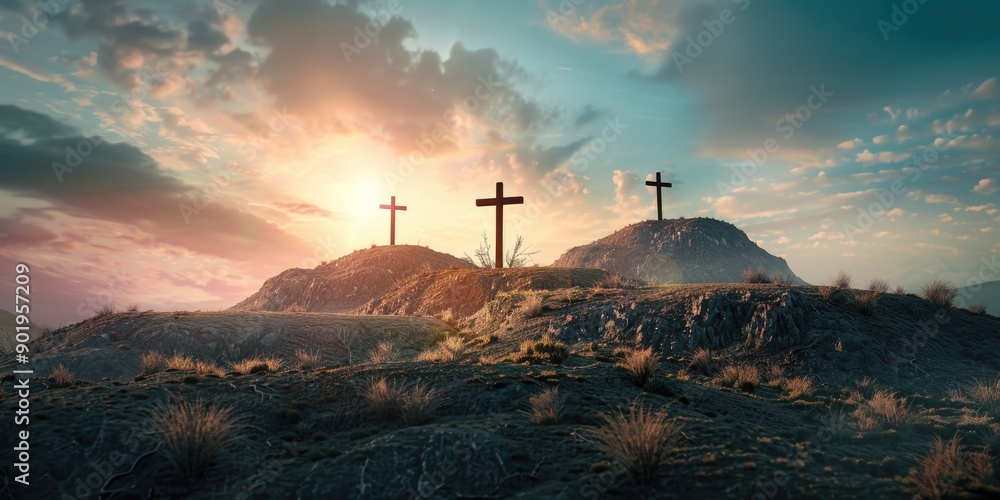 Obraz premium Three crosses on hill at sunset