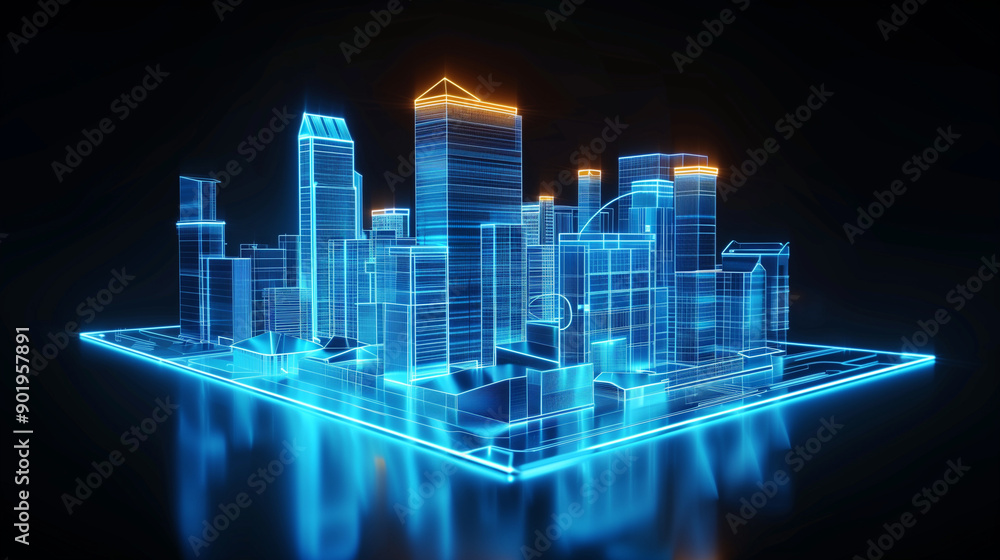 Obraz premium 3D rendering illustration Building blueprint glowing neon hologram futuristic show technology security for premium product business finance transportation