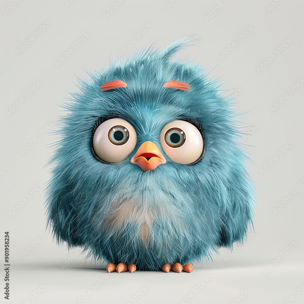 Fototapeta premium Cute Blue Bird With A Curious Expression, Gray Background, 3D Illustration
