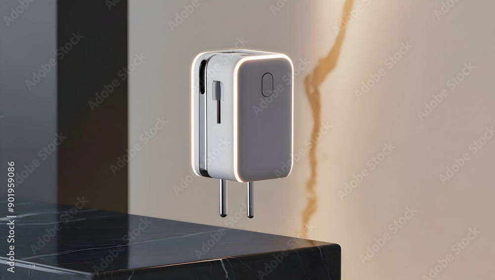 modern, minimalist travel adapter with a subtle glow, hovering above a modern surface, modern, minimalist travel adapter with a subtle glow, hovering above a modern surface,