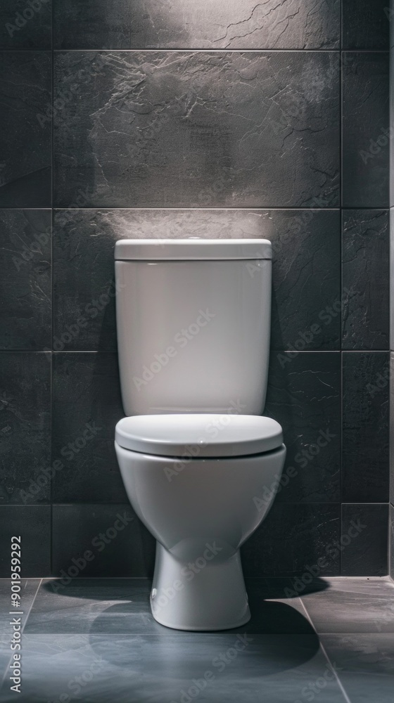 A white toilet is sitting in a bathroom with a black tile wall A white toilet is sitting in a bathroom with a black tile wall
