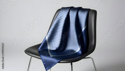 A stylish, patterned silk handkerchief with a subtle sheen, draped over a sleek chair