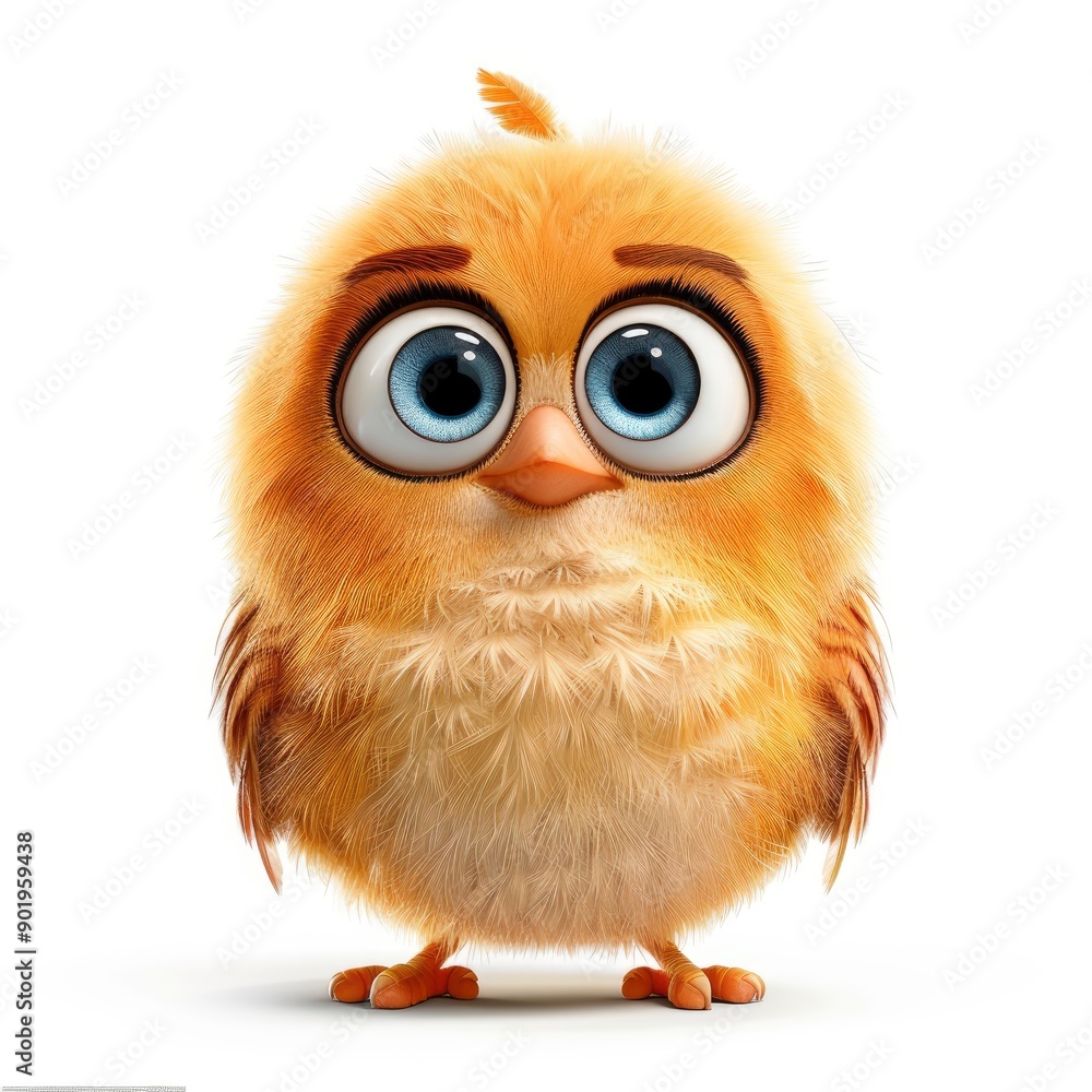 Cute Little Bird With Big Blue Eyes, Looking Curious, Isolated On A White Background, 3D Cute Little Bird With Big Blue Eyes, Looking Curious, Isolated On A White Background, 3D