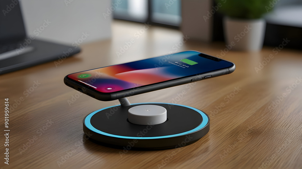 A futuristic, high-tech wireless charging pad with a sleek design, hovering above a modern surface, A futuristic, high-tech wireless charging pad with a sleek design, hovering above a modern surface,