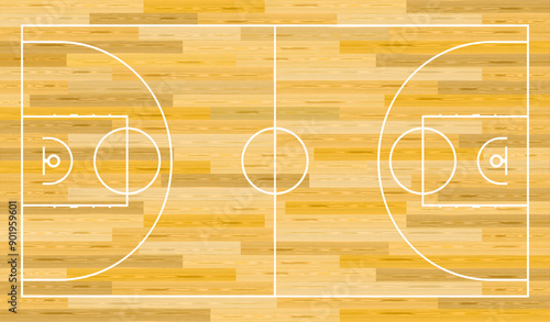 Professional basketball court indoor. Realistic Basketball Court view on top. Basketball court floor with line on wood texture background. Vector illustration EPS 10