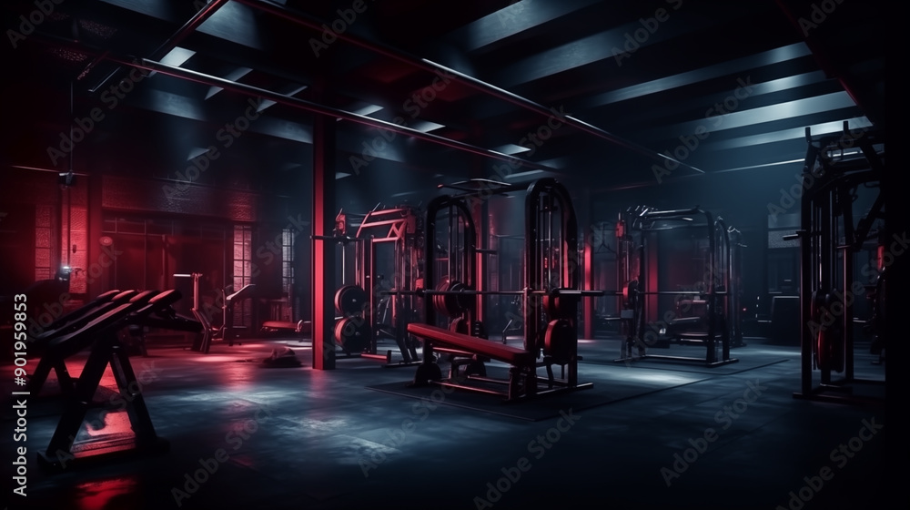Naklejka premium Modern gym interior with heavy weights illuminated by red lights in a cinematic atmosphere