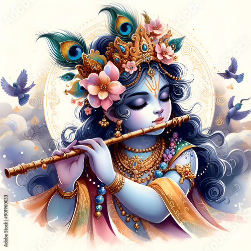 Watercolor Lord Krishna image background photo