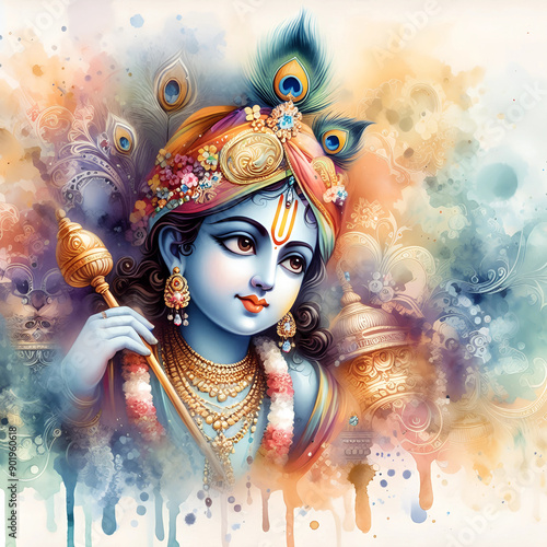 Watercolor Lord Krishna image background photo