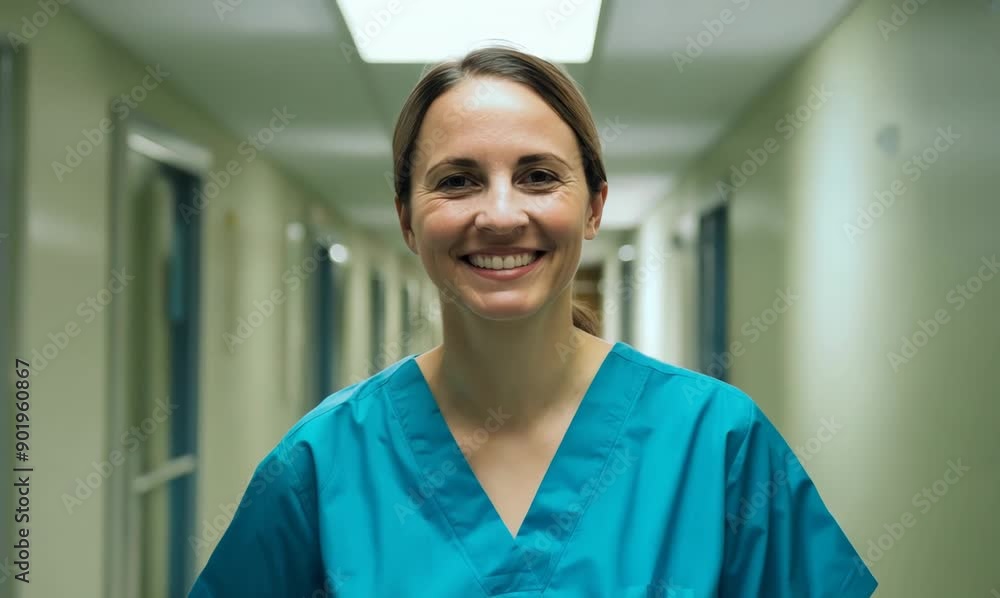 Portrait of a female doctor smiling at the camera in a hospital corridor Portrait of a female doctor smiling at the camera in a hospital corridor