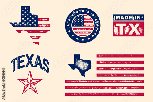 Set of Made in the Texas labels, USA vintage flag, american product emblem, Vector illustration