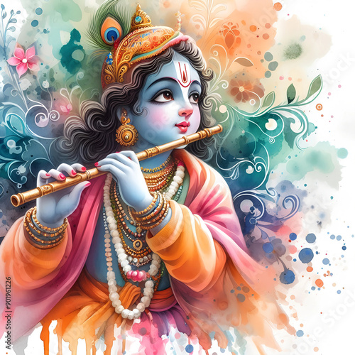 Watercolor Lord Krishna image background photo