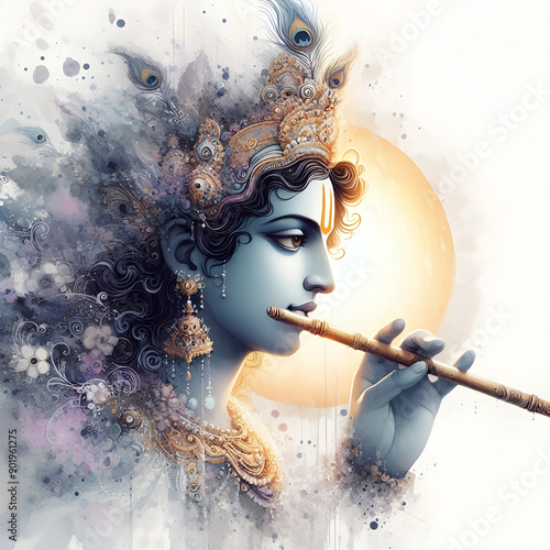 Watercolor Lord Krishna image background photo