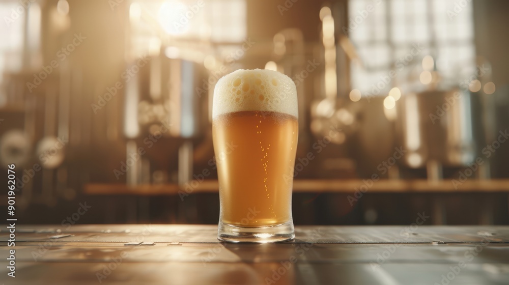 Craft Beer Brewing Process: Frothy Roasted Beer Glass on Wooden Table with Brewing Equipment in Warm Lighting Craft Beer Brewing Process: Frothy Roasted Beer Glass on Wooden Table with Brewing Equipment in Warm Lighting