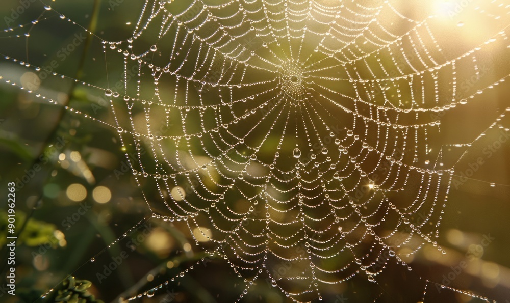 Fototapeta premium Intricate spider web glistening with morning dew, showcasing nature's precision and artistry