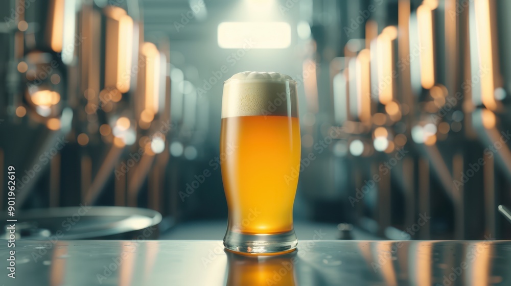 Crafting Herbal Brews: Brewery Scene with Fermentation Casks and Glass of Beer in Ambient Light Crafting Herbal Brews: Brewery Scene with Fermentation Casks and Glass of Beer in Ambient Light