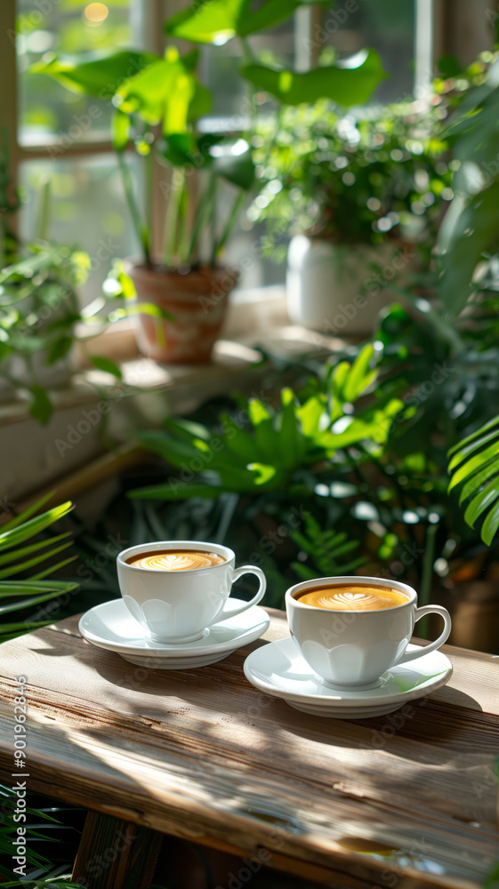 Two Warm Cups of Coffee on a Rustic Wooden Table Surrounded by Lush Green Foliage in a Cozy Café Setting Two Warm Cups of Coffee on a Rustic Wooden Table Surrounded by Lush Green Foliage in a Cozy Café Setting