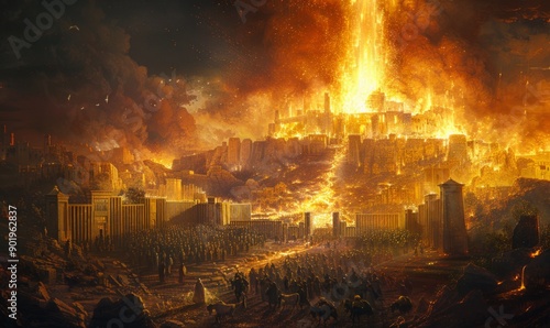 Lot and his wife flee Sodom, on which fire falls from the sky, Lot's wife looks back at the city and turns into a pillar of salt photo