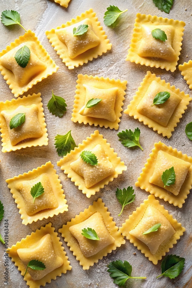 Ravioli with ricotta cheese and fresh basil, top view Ravioli with ricotta cheese and fresh basil, top view