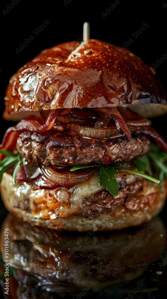 Delicious gourmet burger with bacon and caramelized onions on black background Delicious gourmet burger with bacon and caramelized onions on black background