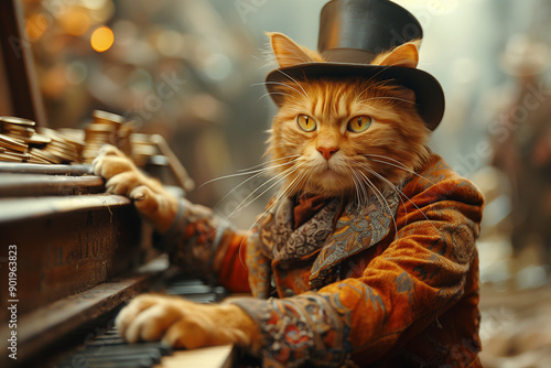 A cat wearing a top hat and tails, sitting at a grand piano photo