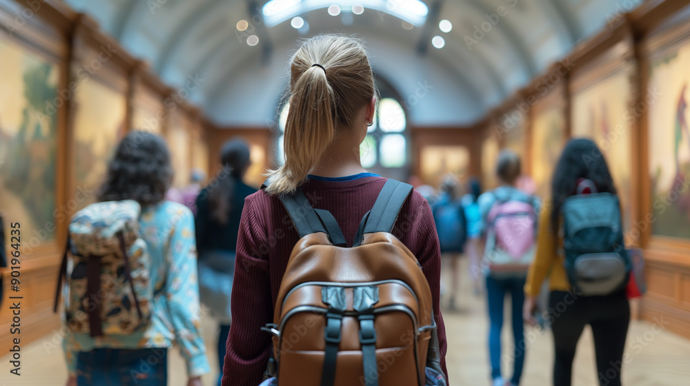 A teacher leading students on a field trip, exploring a museum or historical site, right third copy space. Love, Joy, Responsibility A teacher leading students on a field trip, exploring a museum or historical site, right third copy space. Love, Joy, Responsibility