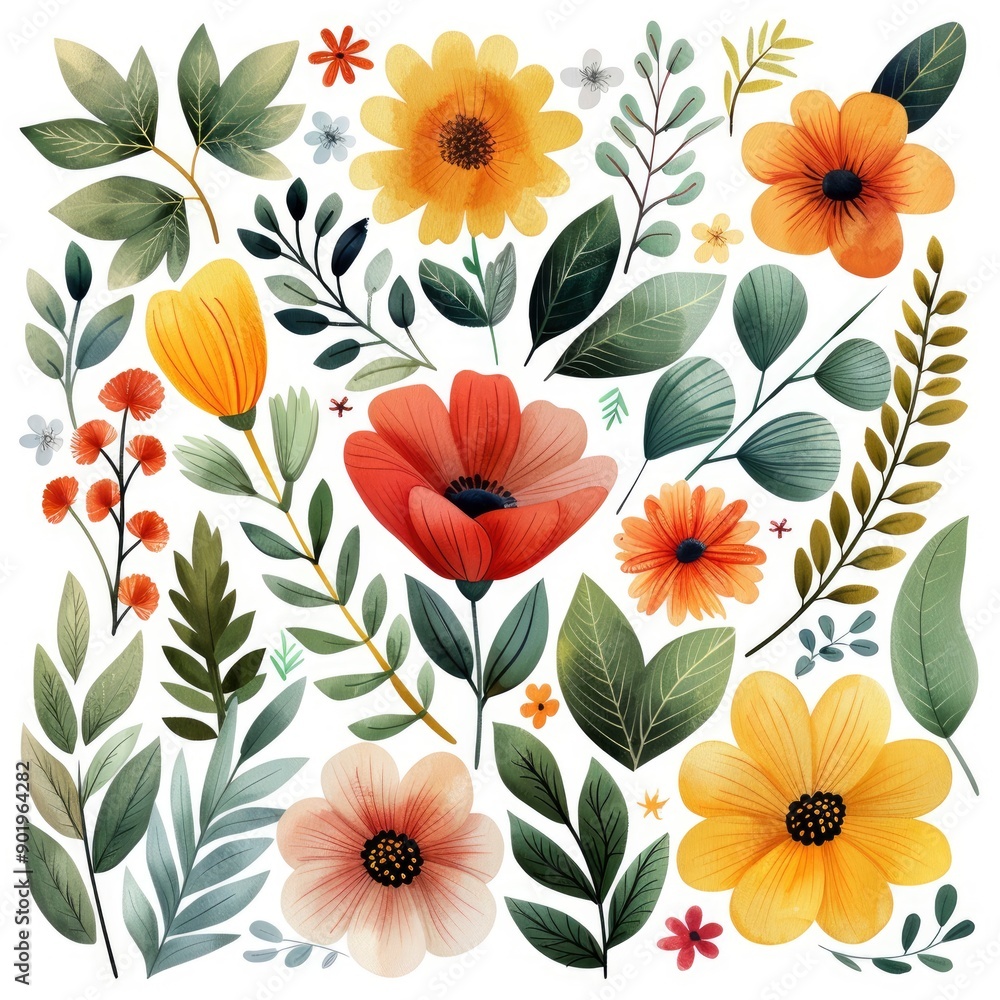 Set Of Watercolor Flowers And Leaves, Hand-Drawn Vector Illustration Set Of Watercolor Flowers And Leaves, Hand-Drawn Vector Illustration