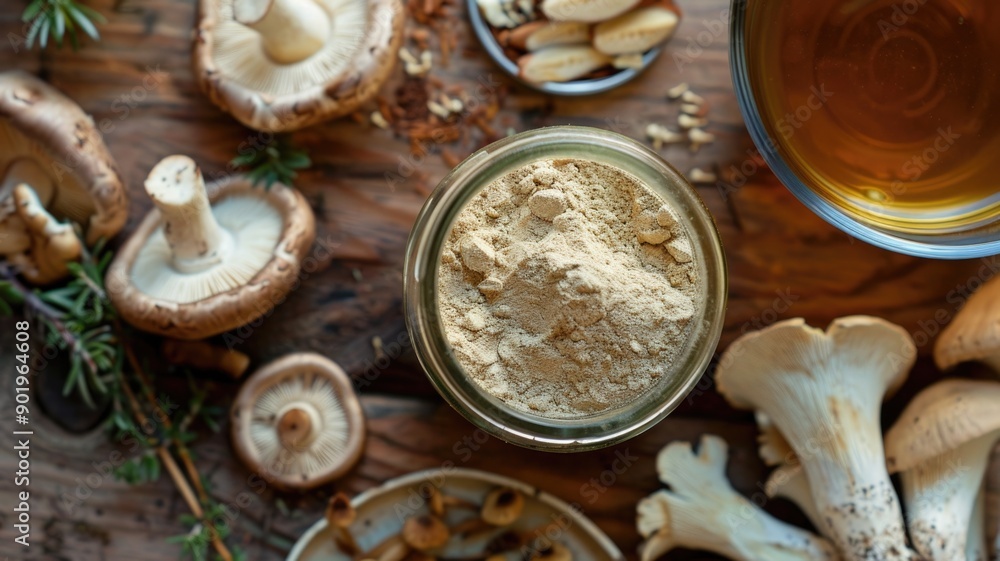 A jar of powdered Lion's Mane mushroom supplement, with dried mushrooms and a cup of herbal tea A jar of powdered Lion's Mane mushroom supplement, with dried mushrooms and a cup of herbal tea