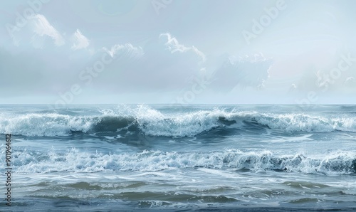 Minimalist seascape capturing the essence of ocean waves with gentle brushstrokes and a limited color palette, inviting viewers into a serene maritime scene © Valentyna