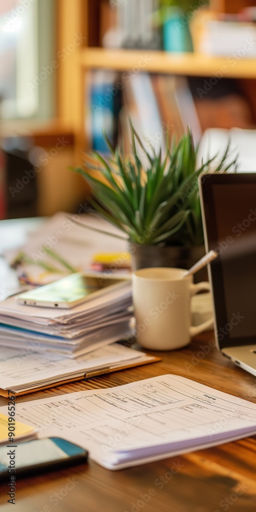 A cluttered desk with a laptop, a cell phone, a cup, and a potted plant A cluttered desk with a laptop, a cell phone, a cup, and a potted plant