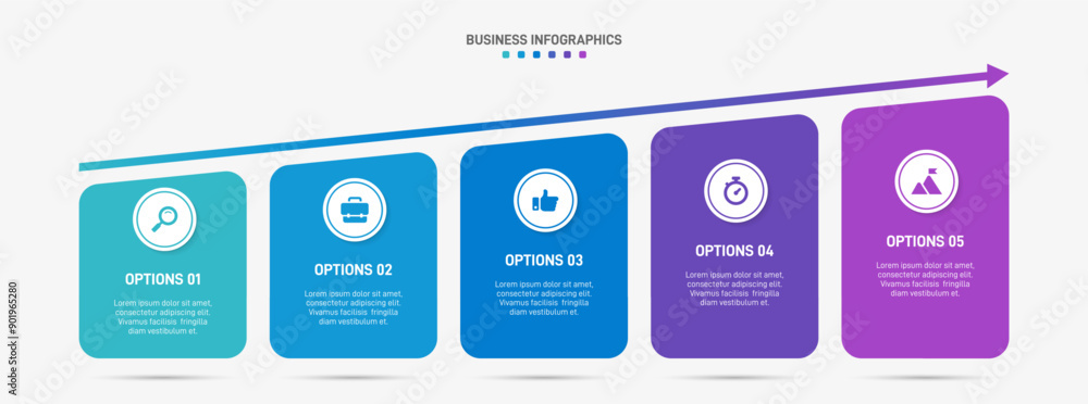 Horizontal progress bar featuring 5 arrow-shaped elements, symbolizing the five stages of business strategy and progression. Clean timeline infographic design template. Vector for presentation Horizontal progress bar featuring 5 arrow-shaped elements, symbolizing the five stages of business strategy and progression. Clean timeline infographic design template. Vector for presentation