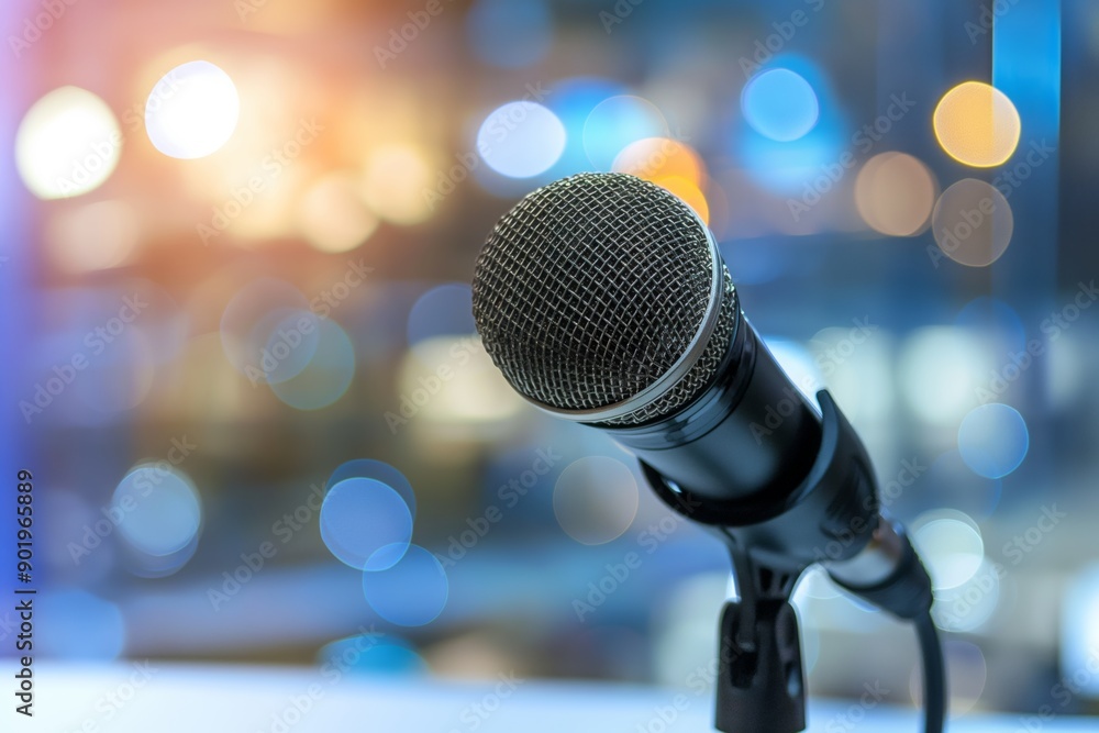 A microphone is on a table with a blurry background. The microphone is black and silver. The background is blurry, giving the image a dreamy, ethereal quality A microphone is on a table with a blurry background. The microphone is black and silver. The background is blurry, giving the image a dreamy, ethereal quality