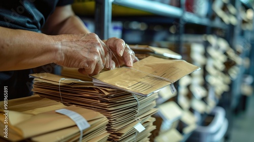 Postal worker processing stack of envelopes in mailroom photo