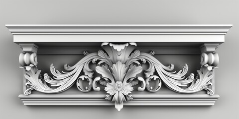 A white shelf with a floral design. The shelf is made of wood and has a very elegant and ornate look