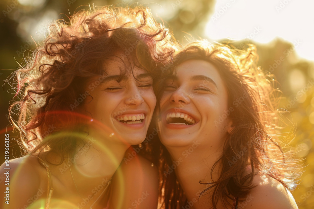 Obraz premium Two Happy Young Women Laughing Outdoors in Sunlight