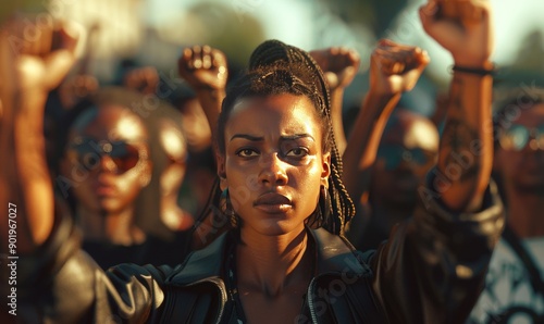 Powerful depiction of a Black Lives Matter protest, with raised fists and emotional expressions